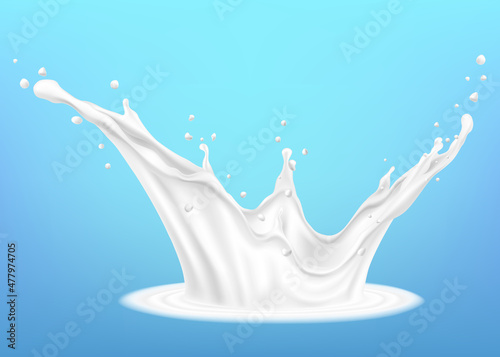Milk splashes isolated on blue background. Illustration of milk pouring with splashes against blue background. Realistic 3d vector