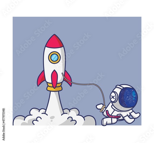 cute rocket launch bring astronaut. cartoon person technology concept Isolated illustration. Flat Style suitable for Sticker Icon Design Premium Logo vector