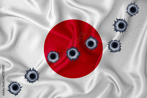 Japan flag Close-up shot on waving background texture with bullet holes. The concept of design solutions. 3d rendering