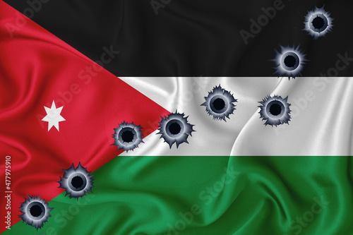 Jordan flag Close-up shot on waving background texture with bullet holes. The concept of design solutions. 3d rendering