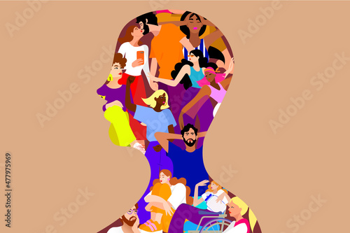 we are all one- profile of head with a group of diverse people with disabilities and chronic invisible illnesses photo