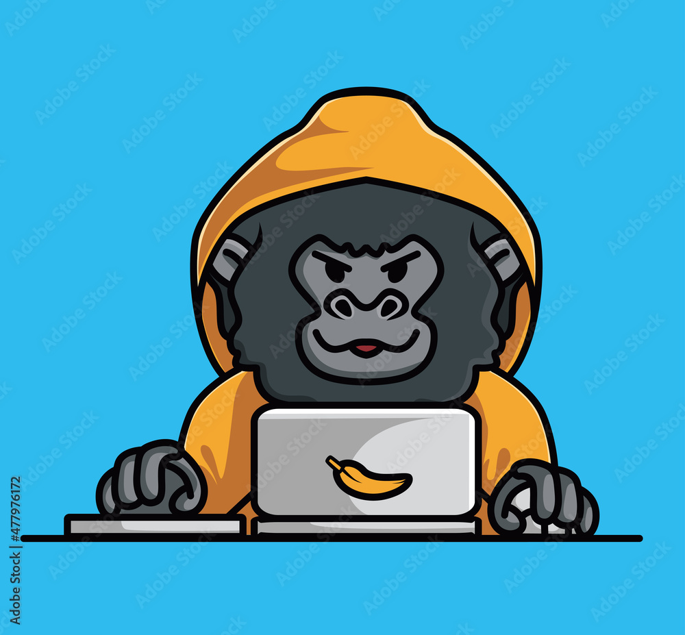 Naklejka premium Cute baby young gorilla hacker animal crime anonymous ape black monkey holding a tree branch. Animal Isolated Cartoon Flat Style Icon illustration Premium Vector Logo Sticker Mascot