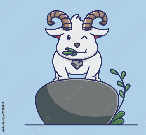 cute goat cartoon standing on giant stone eating a grass leaf.Animal Isolated Flat Style Sticker Web Design Icon illustration Premium Vector Logo mascot character object