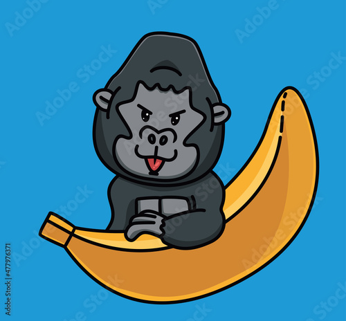 cute cartoon gorilla ape black monkey bring a giant banana. Animal Isolated Flat Style Sticker Web Design Icon illustration Premium Vector Logo mascot character object