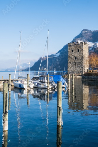 View of Vierwaldstättersee (lake Lucerne) and Schnitzturm castle, Stansstad, Switzerland