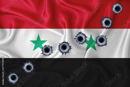 Syria flag Close-up shot on waving background texture with bullet holes. The concept of design solutions. 3d rendering