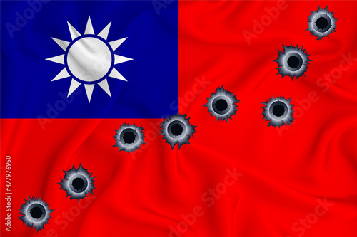 Taiwan flag Close-up shot on waving background texture with bullet holes. The concept of design solutions. 3d rendering