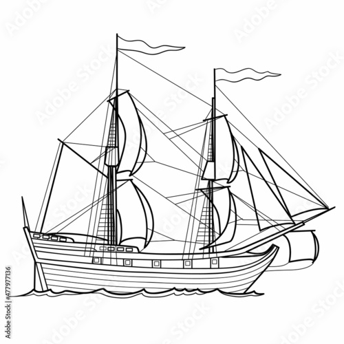 sketch, sailing historic ship, coloring book, isolated object on white background, cartoon illustration, vector,