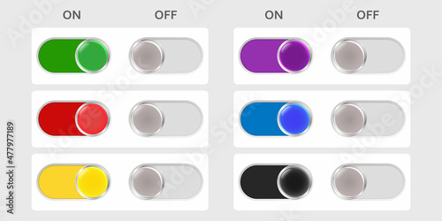 Elegant set of toggle buttons with glass effect for mobile apps and websites. 3 D. Vector illustration.