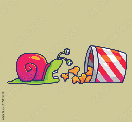 cute snail eating a popcorn. Animal cartoon Isolated Flat Style Sticker Web Design Icon illustration Premium Vector Logo mascot character