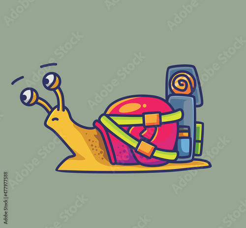 cute snail ready for vacation camping bring a travel bag.animal flat cartoon style illustration icon premium vector logo mascot suitable for web design banner character