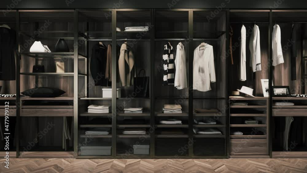 Dressing room with shelves. Modern wardrobe with stylish clothes. 3d visualization