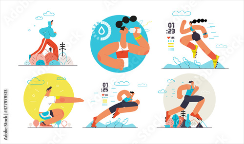 Runners - a set of illustrations of running and exercising outside people