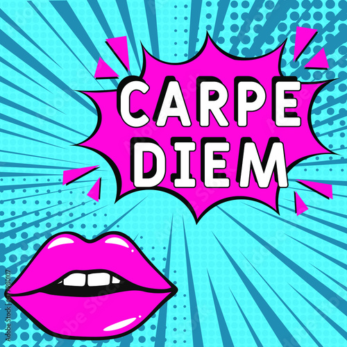 Carpe Diem. It can be used for website design, t-shirt, phone case, poster, mug etc. Comic book explosion with text Carpe Diem, vector illustration. Carpe Diem in comic pop art style. 