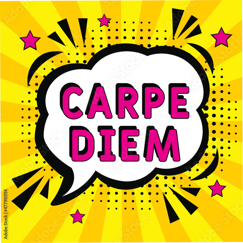 Carpe Diem. It can be used for website design, t-shirt, phone case, poster, mug etc. Comic book explosion with text Carpe Diem, vector illustration. Carpe Diem in comic pop art style. 