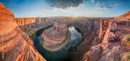 Horseshoe Bend panoramic aerial view, Arizona. Rocks and Colorado River at sunset.