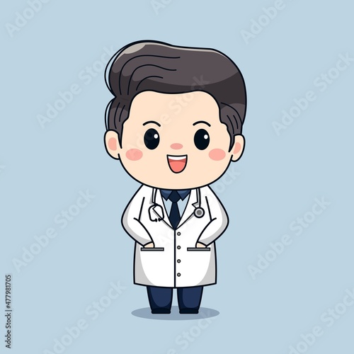 Illustration of cute male doctor with stethoscope kawaii vector cartoon chibi character design