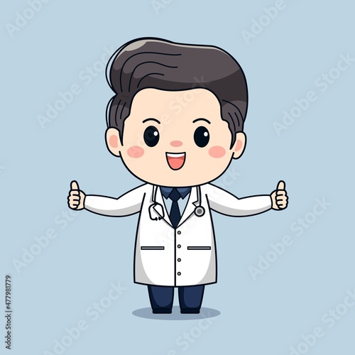 Illustration of cute male doctor with stethoscope and thumbs up kawaii vector cartoon chibi character design
