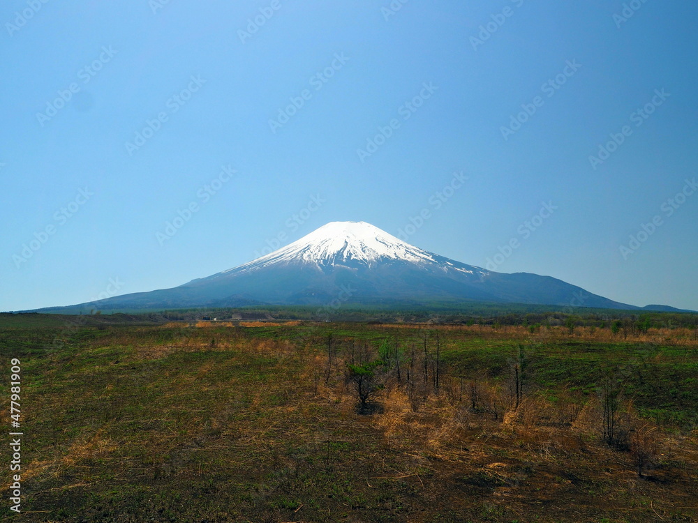 青空と登山道が浮かぶ冠雪した富士山