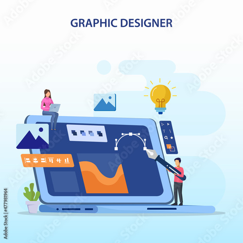 Graphic design concept. Digital designers team drawing with pen on computer monitor. Flat vector template style Suitable for Web Landing Pages.