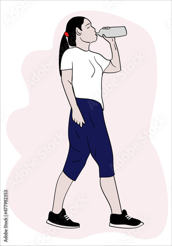 Young woman is drinking water from a plastic bottle.  Hand drawn style vector design illustrations.