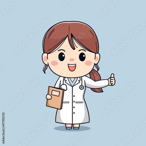 Illustration of beautiful female doctor with book and thumb up cute kawaii chibi vector character deisgn