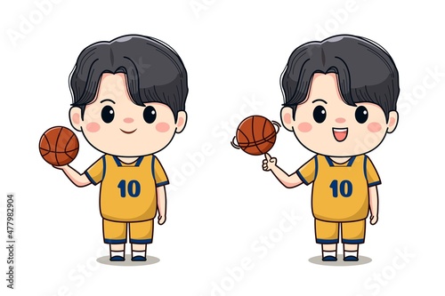 Illustration of a cute boy basketball player kawaii cartoon chibi character design