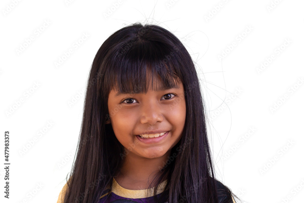 Portrait of an Asian little girl with long straight dark hair looking smiling at camera isolated on white background. Portrait of an Asian little girl with long straight dark hair looking smiling at camera isolated on white background.