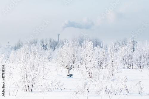 Winter white landscape with thin path in snowdrift and forest in hoar frost ans smoking factory pipe on horizon © Gioia