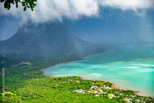 Aerial view of Le Morne Beach and Mountain on a cloudy day, Mauritius