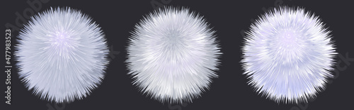 Fur pompoms, white fuzzy fluffy balls. Winter furry texture, 3d poms isolated.  Vector illustration