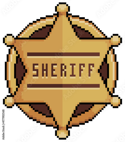 Pixel art Sheriff badge in star shape. police insignia vector icon for 8bit game on white background