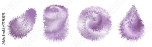 Fur pompoms, fuzzy fluffy texture. Ball, brush, feather, furry  shapes isolated, purple colorful 3d objects. Vector illustration.