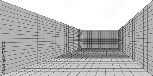 Fototapeta Naklejka Na Ścianę i Meble -  3D Room perspective view,  grid lines wireframe. Virtual reality or game background, hallway, corridor or tunnel. walls and floor tiled simple pattern. Vector illustration