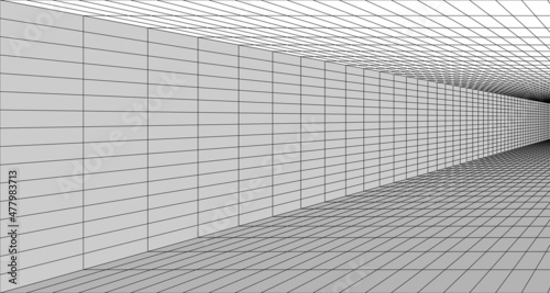 3D Room perspective view,  grid lines wireframe. Virtual reality or game background, hallway, corridor or tunnel. walls and floor tiled simple pattern. Vector illustration