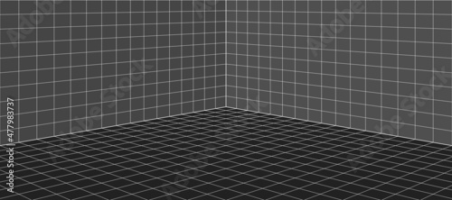 3d room corner with perspective grid. interior wireframe lines, virtual reality background, basic tile pattern for interior design. Vector illustration