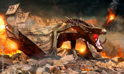 Tela Fire dragon attacking a village 3D illustration