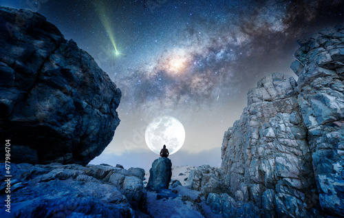 Fényképezés person on the rock outdoors meditating or praying at night under the Milky Way a