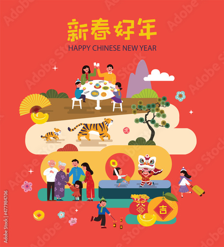Fototapeta Naklejka Na Ścianę i Meble -  Chinese New Year decoration set of object and design with banner, icons elements. 2022 Chinese New Year design elements. Translation: Wish you good fortune on the coming year, year of the tiger. 