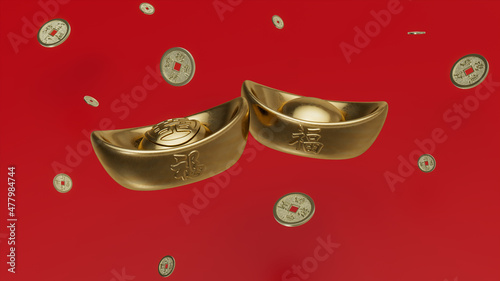 Chinese Ingots surrounded by gold coins. Chinese New Year Concept on Red Background. photo