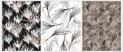 Simple Hand Drawn Floral Vector Patterns. Flowers Made of Scribbles Isolated on a Black, White and Brown Background. Infantile Style Abstract Garden Repeatable Print ideal for Fabric, Textile.