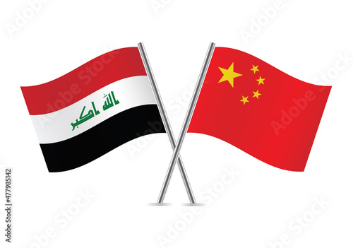 Iraq and China flags. Iraqi and Chinese flags isolated on white background. Vector illustration.