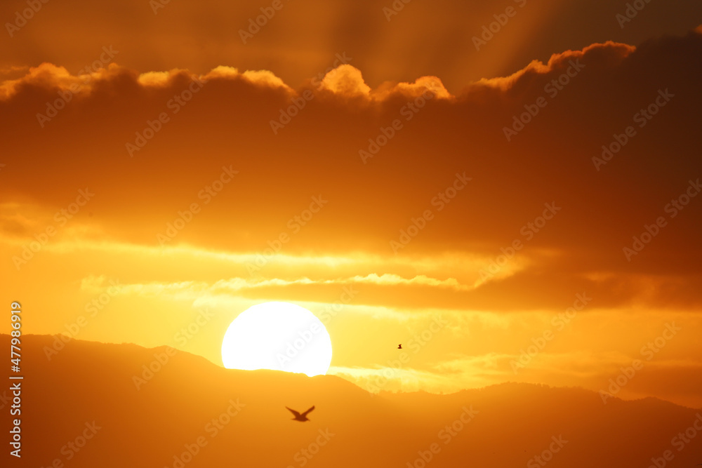 Sun at dawn appearing as a sphere over hills near Santa Cruz, California. Sun at dawn appearing as a sphere over hills near Santa Cruz, California.