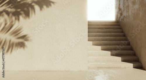 Minimalistic mediterranean and african courtyard. 3d rendering outdoor illustration. Stairs and palm tree shadow. Sand clay plaster raw materials. Copy space