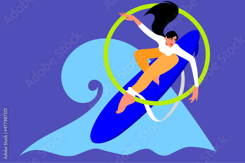 Photography Being one with nature - woman surfing a wave and holding a circle to represent a