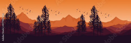 sunset hour at mountain landscape flat design vector good for wallpaper, background, backdrop, tourism design, and design template