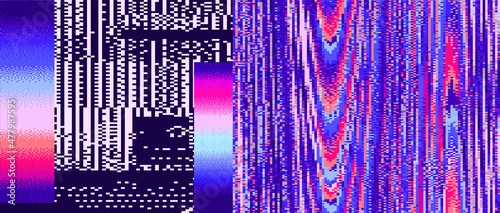 Collection of vector 1-bit pixel art elements for design. Bitmap retro  style textures with glitches and noise.