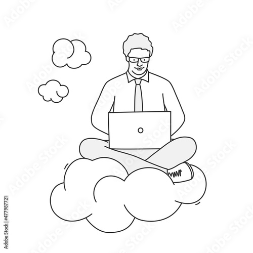 Online business, man sitting on cloud with laptop.