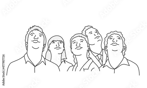 Happy young people looking up.
