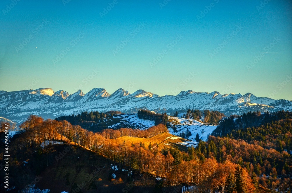view of the snowy churfirsten in the toggenburg appenzeller alps from the schnebelhorn. Gorgeous landscape picture